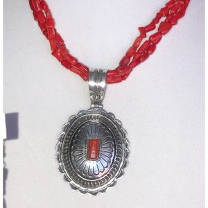 Red Bamboo Coral Gemstones in Sterling Silver Concho  Necklace & Earrings